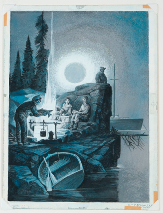 "Toward sunset they found an island and Professor Cook baked a big trout over a campfire," Illustration design for Nic of the Woods