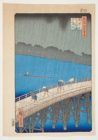 Sudden Shower over Shin Ohashi Bridge and Atake (Ohashi Atake no yudachi), from the series One Hundred Famous Views of Edo (Meisho Edo hyakkei)