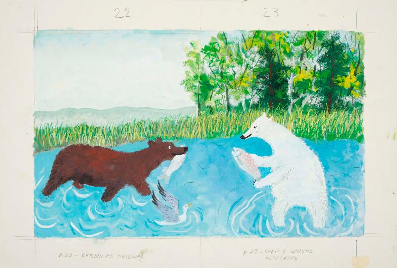 Illustration design for Snowy and Woody, pages 22-23: "Snowy and Woody ...go fishing in the stream and the lake..."