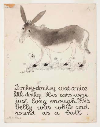"Donkey-donkey was a nice little donkey," illustration design for first page of Donkey-Donkey