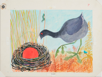 Illustration design for The Remarkable Egg: "Who laid this round, red egg in my beautiful, beautiful nest?"