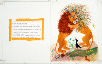 Illustration design for The Happy Lioness: "How amazed he was when that long-maned LION ... rubbed his hairy head against his own!"