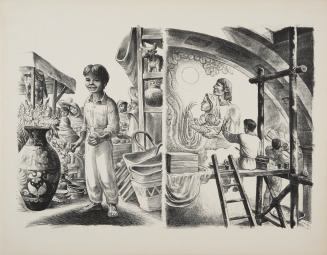 Cuernavaca Market (left) and Mexican Mural Painter (right), two illustrations for The Mexican Story