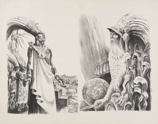 Moctezuma, the Aztec Ruler, and The Early Mexican God Quetzalcoatl, the Plumed Serpent, two illustrations for The Mexican Story