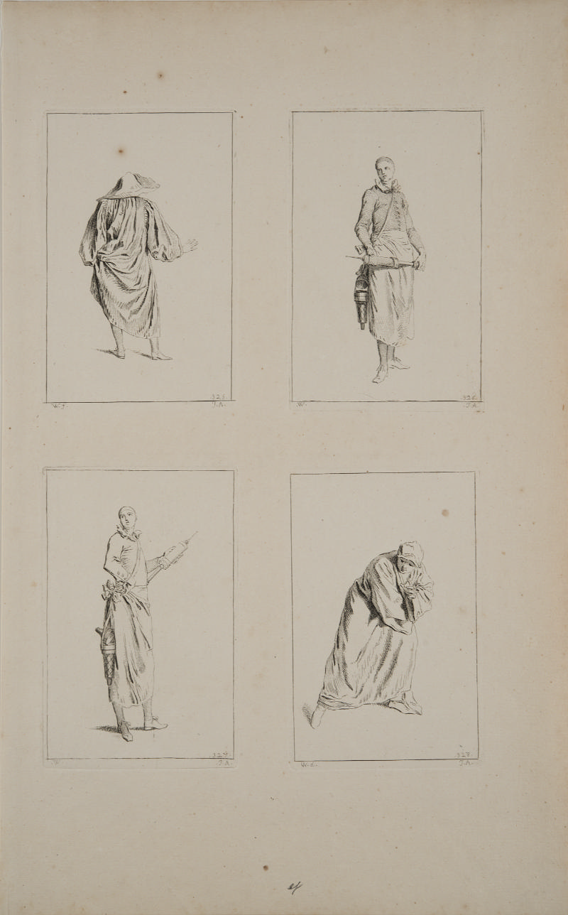 Commedia dell’arte Figures with Clysters from the album Figures de differents caractères, de different paysages, et d’études dessinées après nature,  after Jean-Antoine Watteau
