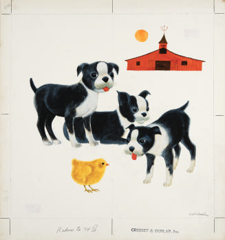 Three puppies enjoying the farmyard sun... illustration from Puppies