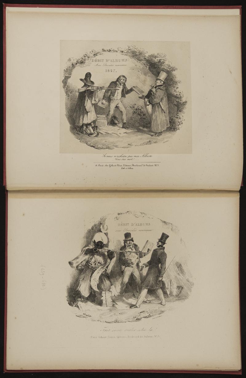 Debit d'Albums avec Procédés Nouveaux, two versions of the frontispiece for the album Album lithographique par Charlet