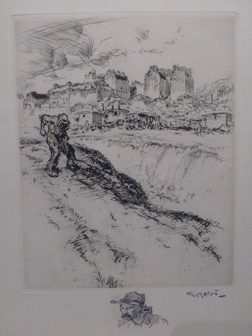 (Man digging at outskirts of town)