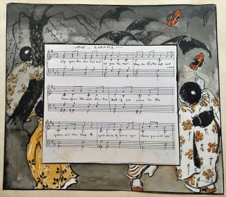 "Bat Catching" sheet music with illustrations from the album Songs of the Japanese Children