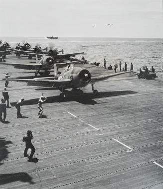 Untitled (Navy Hellcats leaving the deck of a carrier in Task Force 58 for a strike against Saipan)