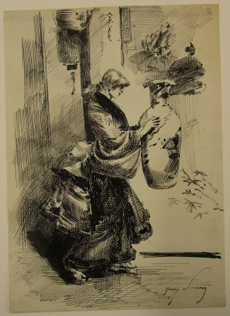 Woman examining a Japanese vase