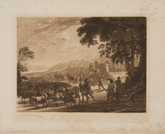 A Landscape with Sportsmen Resting in the Shade of Some Lofty Trees and a Peasant Driving a Herd of Oxen and Goats (after Claude Lorrain)