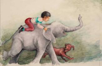 (Boy on elephant with dog)