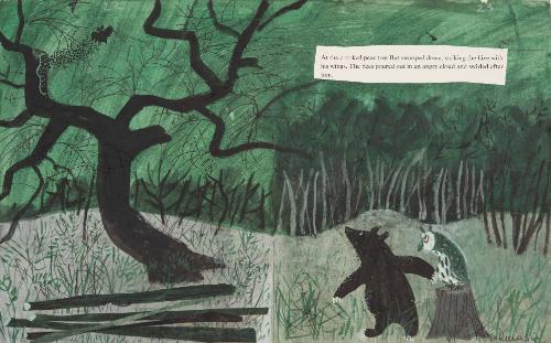 Alternate illustration design for Nubber Bear: "At the crooked pear tree Bat swooped down, striking the hive with its wings."