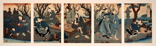 (Five-part scene of men and women on a picnic)