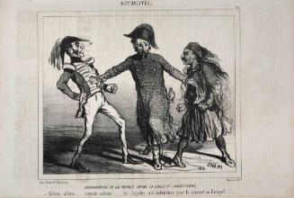 Intervention de La France entre La Grèce et L'Angleterre: "--Allons, allons .....soyons calmes!...les disputes son défendues pour le moment en Europe!" from the series Actualités published in Le Charivari